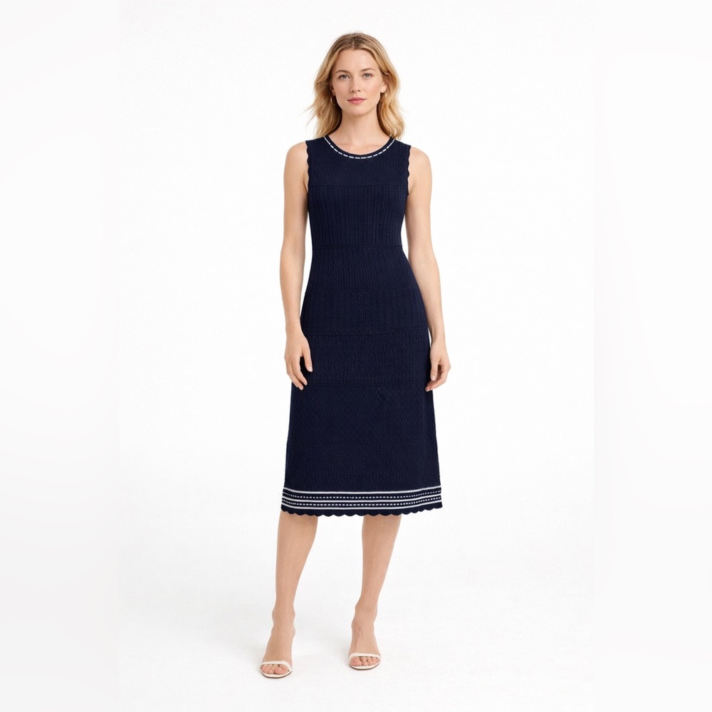 NEW Shoshanna Colianna Scallop Trim Knit Dress Navy/White XS Knee-Length Midi